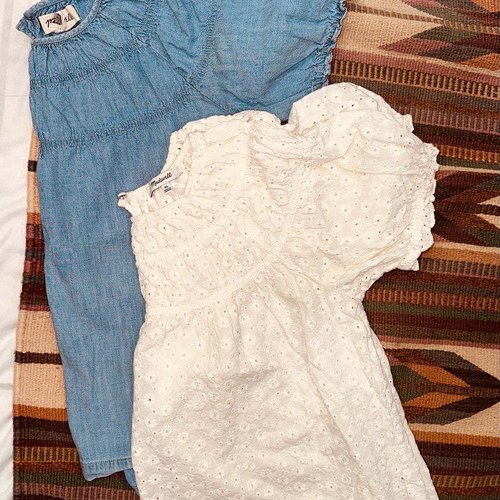 Madewell Daisy Embroidered and Chambray Shirred Puff-Sleeve Top Bundle XL